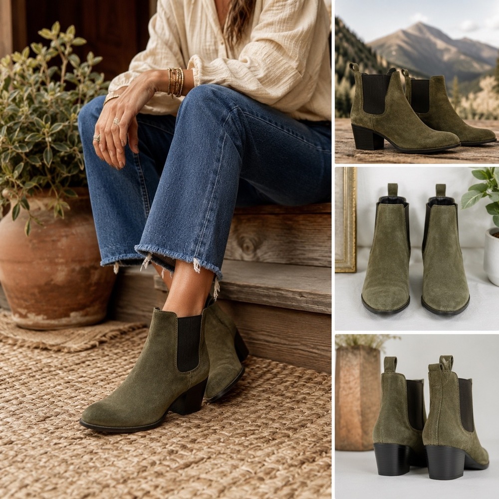 Frye & Co Jacy Chelsea Ankle Boots Women's 7.5 Green Suede Fatigue Western Style